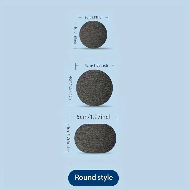 A set of round and oval self-adhesive shoe repair patches in various sizes and shades of gray.