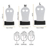 Three sizes of gymnastics wristband grips labeled S, M, and L showing different hand shapes for protection and grip enhanceme