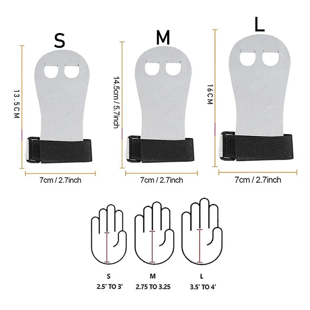 Three sizes of gymnastics wristband grips labeled S, M, and L showing different hand shapes for protection and grip enhanceme
