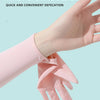 A hand wearing pink ice silk sunscreen fabric wrist opening design arm sleeves for sun protection.