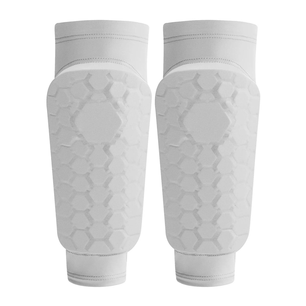 A pair of white lightweight soccer shin guards for calf protection.