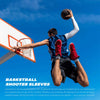 A male basketball player shooting a ball outdoors, wearing blue and black arm sleeves.