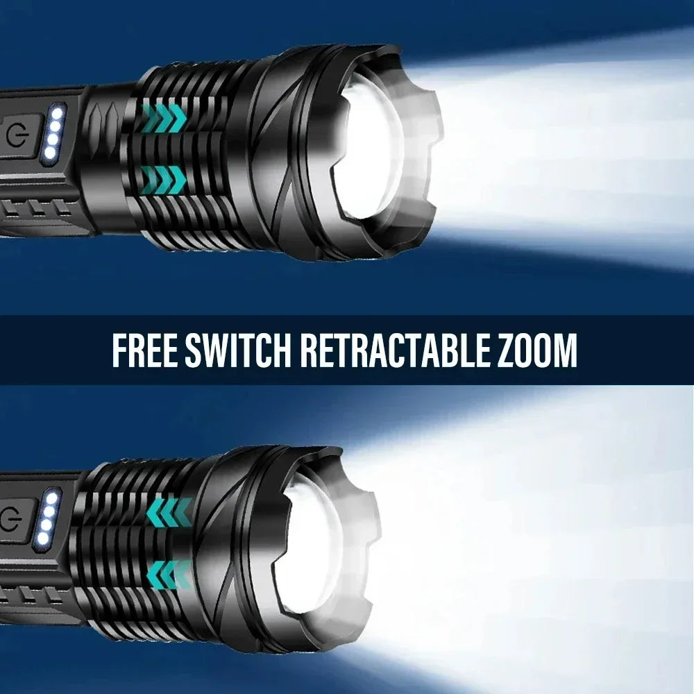 Tactical LED flashlight with a retractable zoom feature emitting a bright beam.