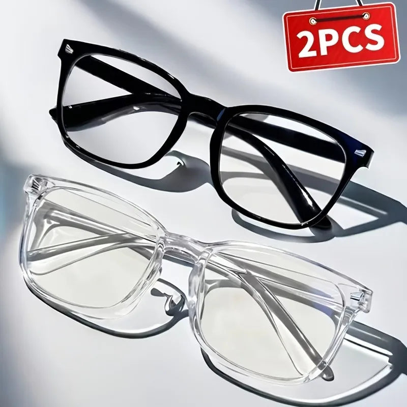 A pair of black square frame blue light blocking glasses and a pair of clear acetate frame blue light blocking glasses.
