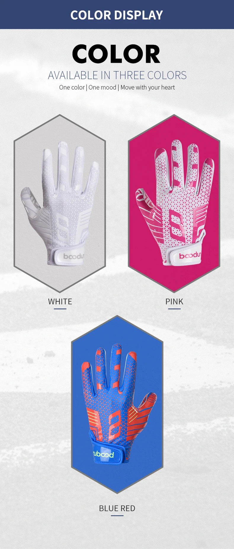 Tres opciones de color para guantes de protección deportivos y de rugby duraderos al aire libre: blanco, rosa y azul