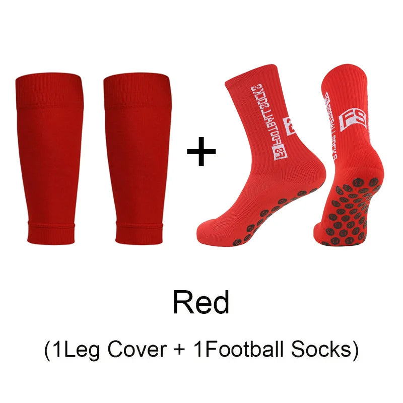 A set of red football socks and a red knee cover are displayed for sports.