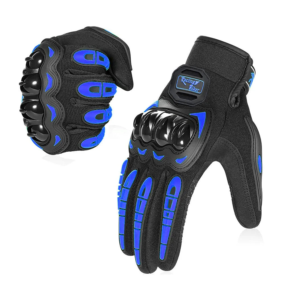Black motorcycle riding gloves with blue accents and full finger protection