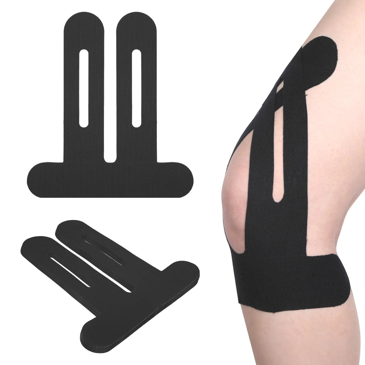 Cinta kinesiológica negra aplicada a una pierna para alivio del dolor de rodilla