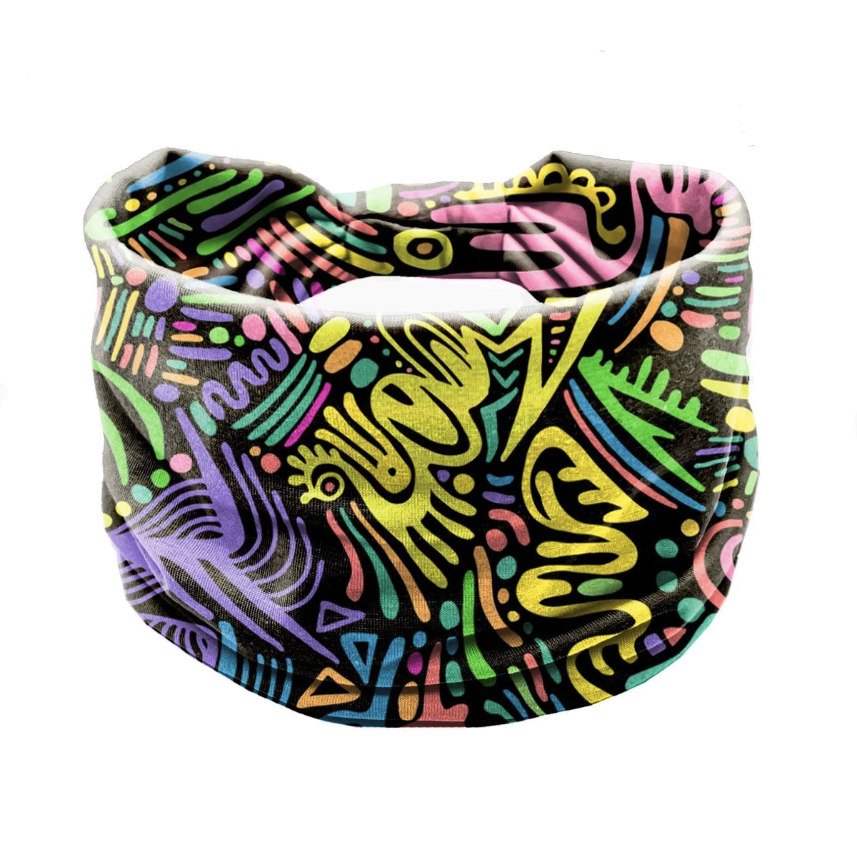A colorful bohemian stretch cotton headband featuring abstract, swirling patterns in neon and dark colors.
