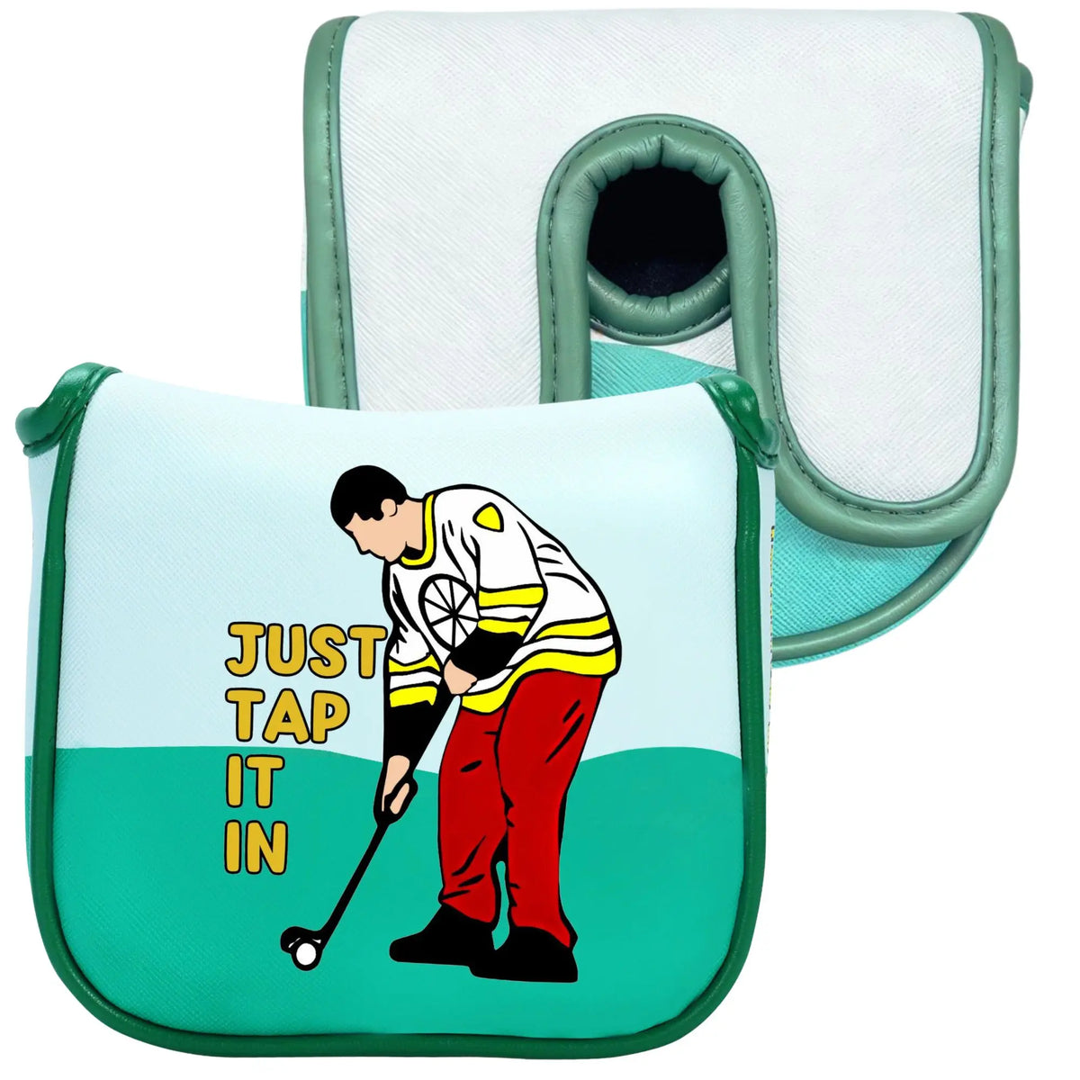 A light blue golf putter headcover featuring a graphic of a golfer tapping in a putt.