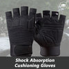 A pair of black shock absorption cushioning gloves shown against a blurred outdoor background.