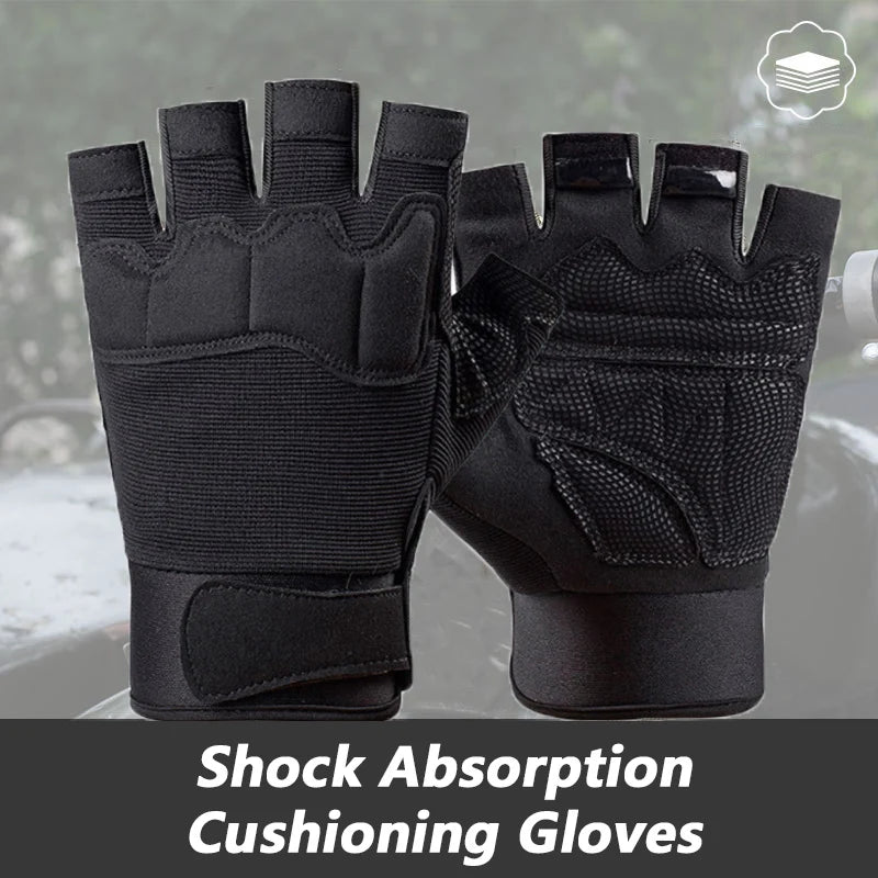 A pair of black shock absorption cushioning gloves shown against a blurred outdoor background.