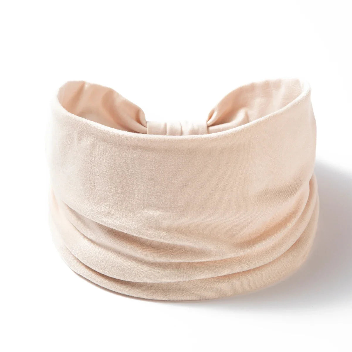A beige boho wide headband hair wrap for women shown against a white background.