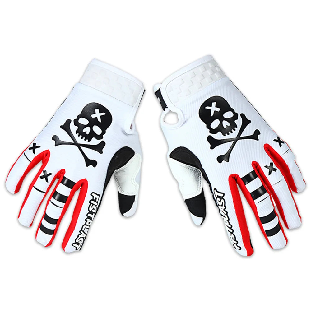 Paire de gants de motocross blancs avec des motifs de crâne et d'os et des accents rouges