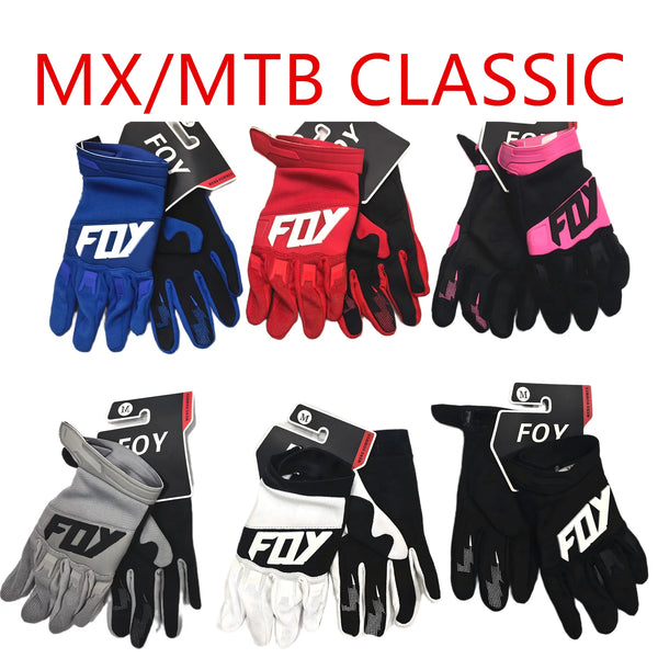 A collection of black, red, and blue motorcycle off-road riding gloves for MX/MTB classic use.