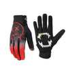 A pair of black motocross gloves featuring red flame graphics and white teeth designs.