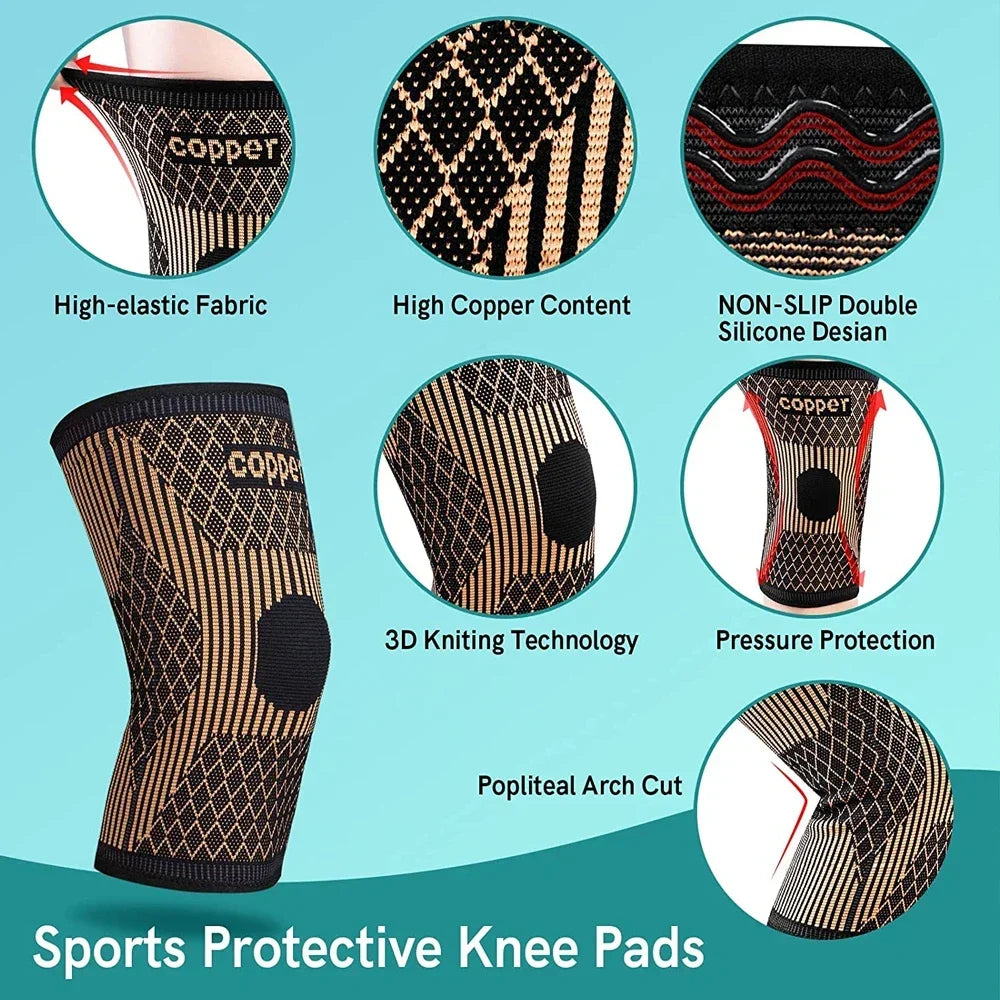 Sports protective knee pads featuring copper fabric, 3D knitting technology, and silicone design for pain relief.