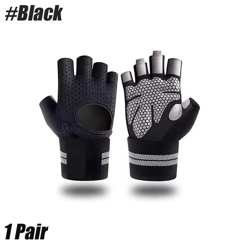 A pair of black breathable cycling gloves with textured palms and grip features.