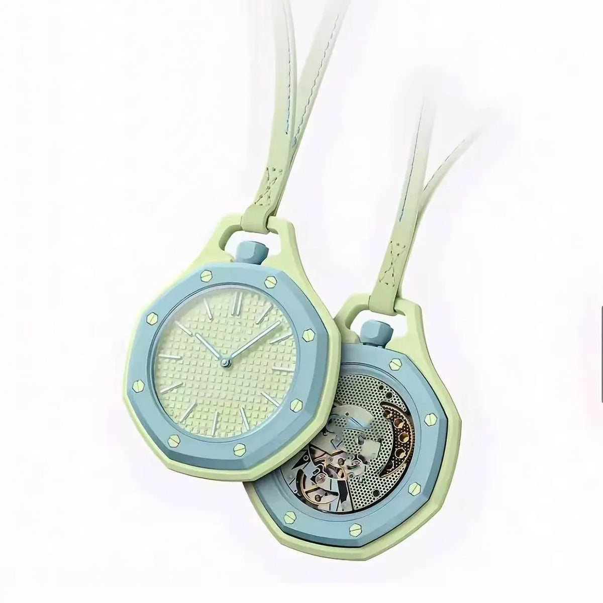 A light green octagonal quartz pocket watch with a transparent face and pale mint green strap.