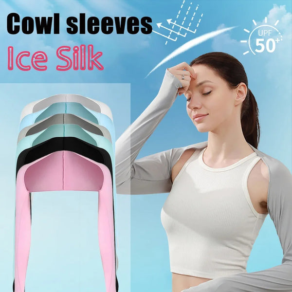 A woman is shown wearing light gray ice silk cowl sleeves for sun protection.