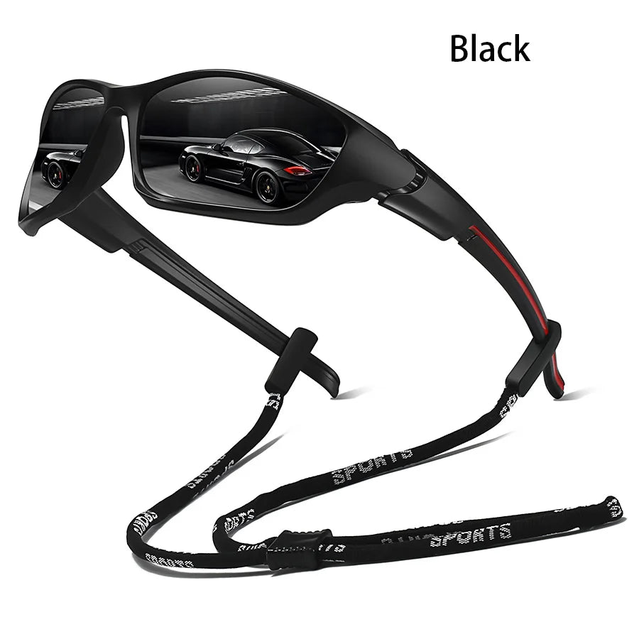 Black classic UV protection sunglasses with a reflection of a car on the lens