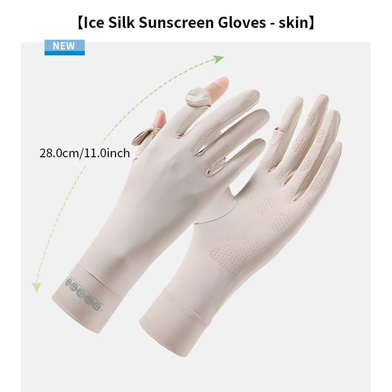 A pair of light pink Ice Silk sunscreen gloves shown on a hand, measuring 28.0cm/11.0inch.