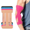 Pink kinesiology support tape applied to an elbow for joint relief.