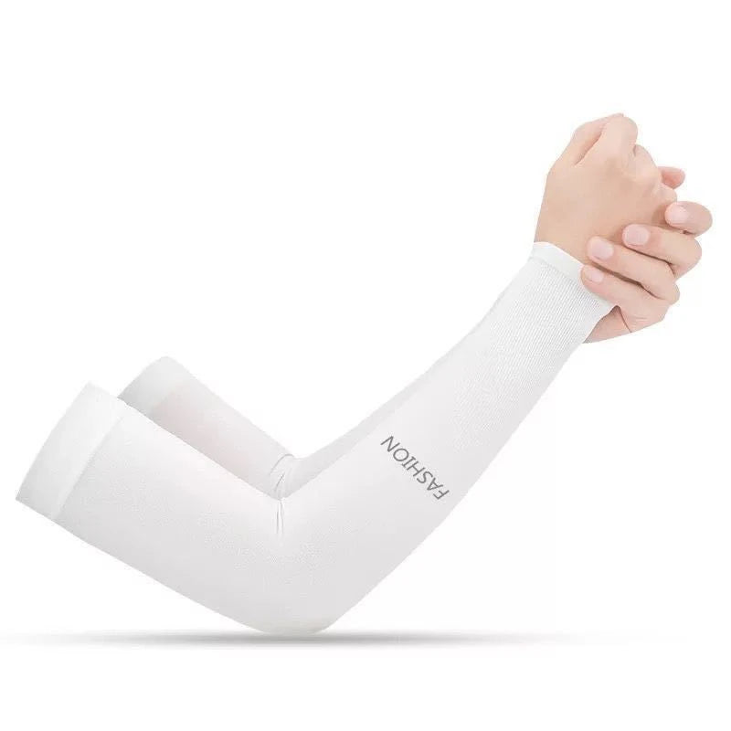 A hand wearing a white fashion arm sleeve for sun protection.
