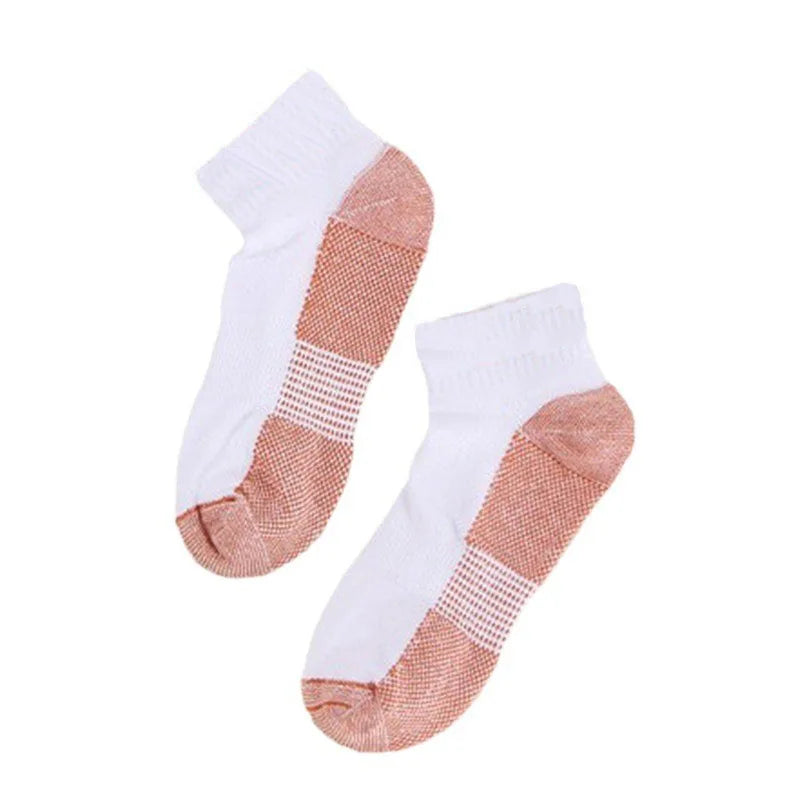 Pair of white and copper therapeutic compression socks for foot and ankle pain relief
