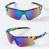 A pair of purple-tinted sport sunglasses with a multi-colored, abstract pattern on the frame.