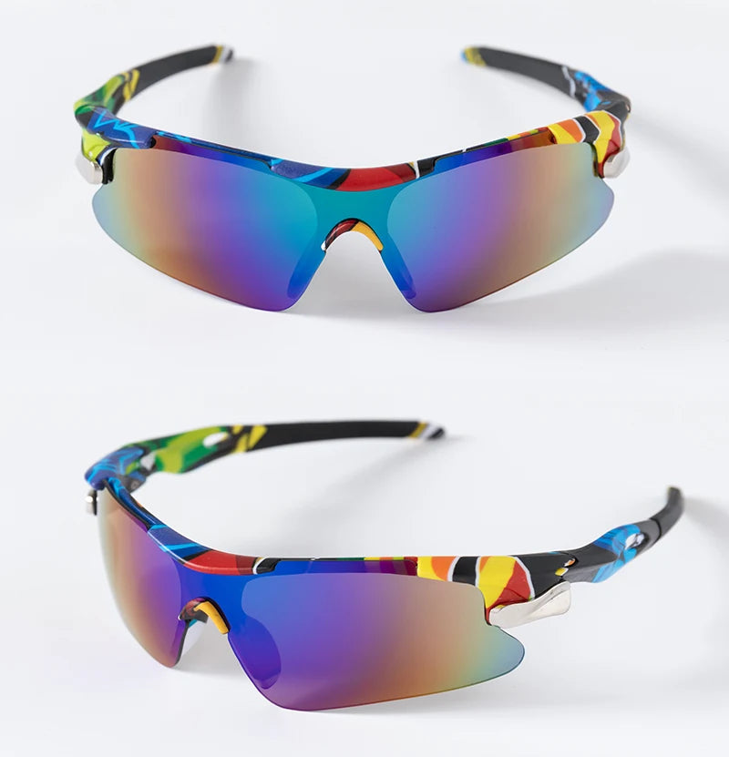 A pair of purple-tinted sport sunglasses with a multi-colored, abstract pattern on the frame.