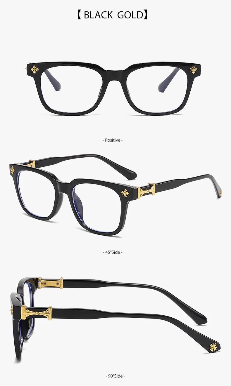 Black and gold framed eyeglasses shown in various angles