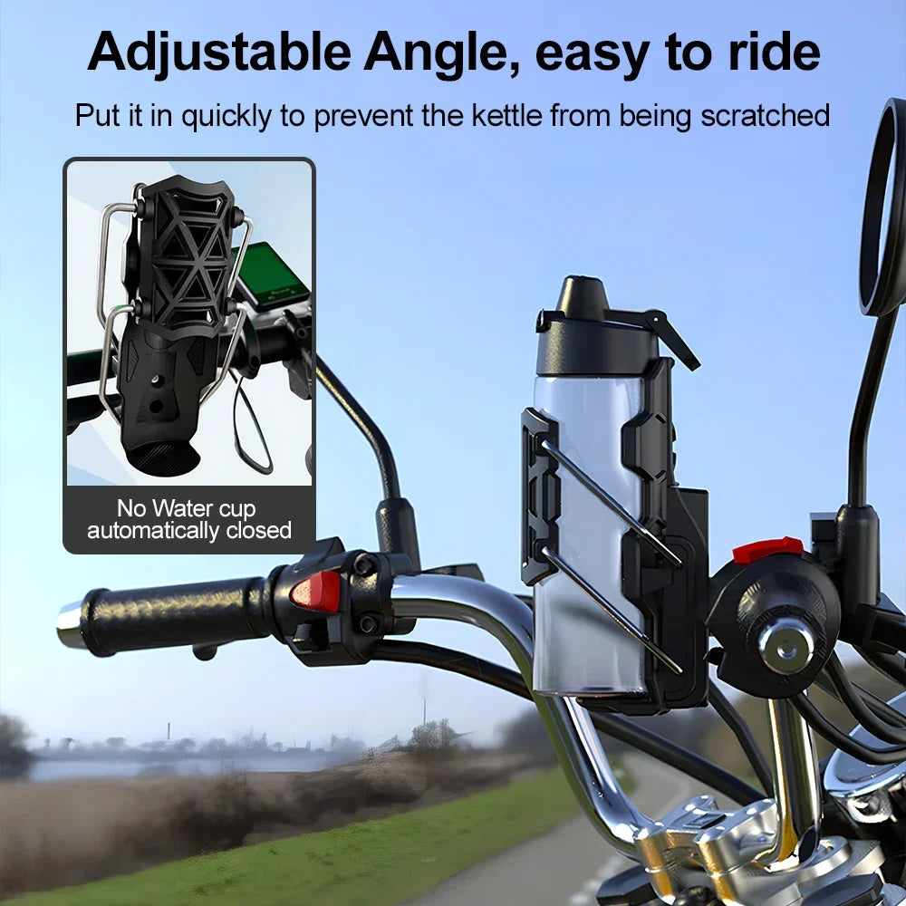Adjustable angle cup holder for bikes and motorcycles preventing kettle scratches