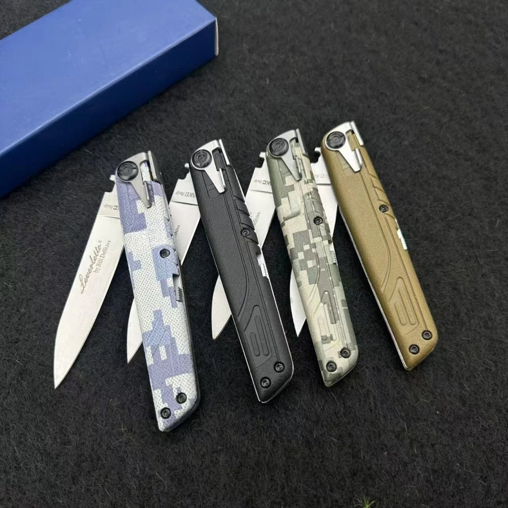 A collection of four precision folding pocket knives in various colors and finishes laid on a dark surface.