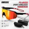 A pair of orange and yellow polarized sports sunglasses with a black frame, along with a gift set box.
