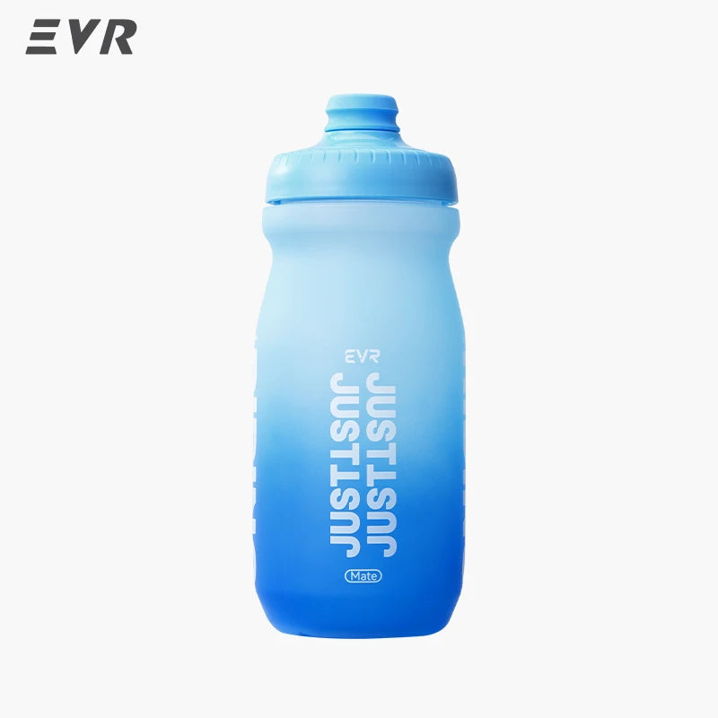 A light blue squeezable cycling water bottle with a blue cap.