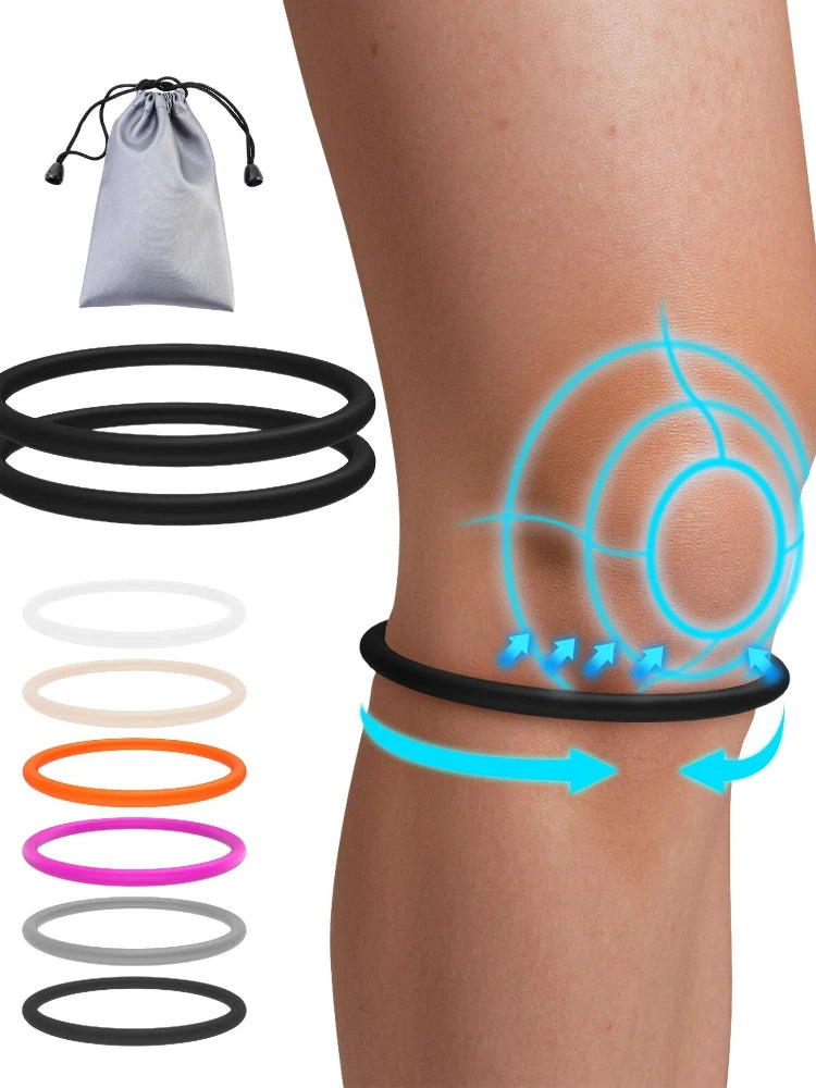 Silicone knee patella straps shown with a fabric pouch and various colored bands for joint support