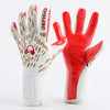 A pair of red and white professional football goalkeeper gloves shown against a white background.