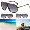 A pair of classic neutral sunglasses shown in multiple views and used in a bright outdoor beach setting.