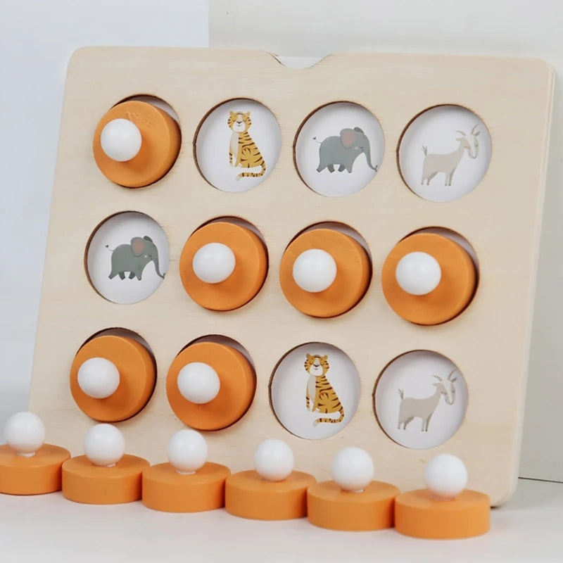 A wooden memory match puzzle featuring animal figures in orange and white colors.