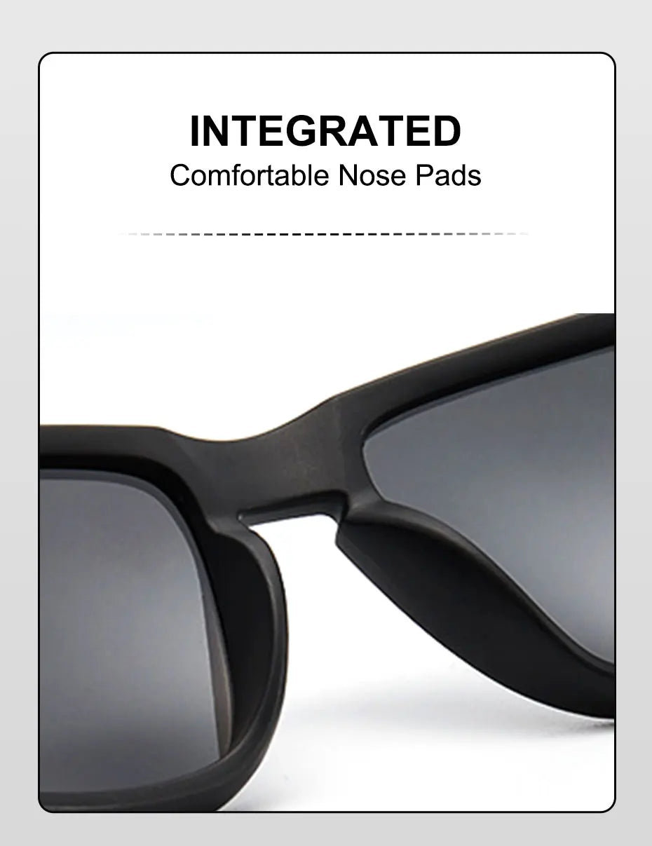 A close-up view of black polarized sunglasses with integrated comfortable nose pads.