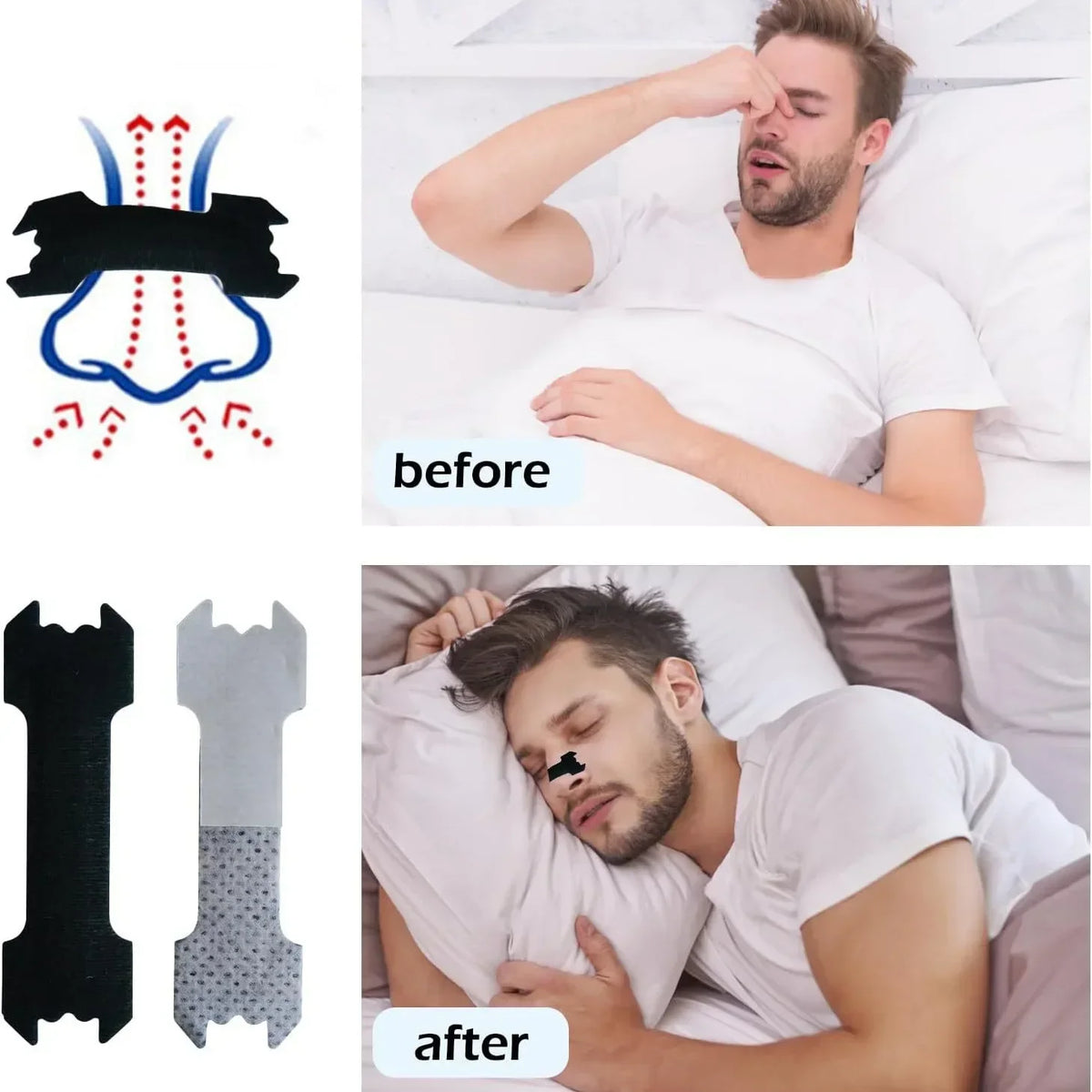 Before and after comparison showing invisible nasal strips for snoring relief used on a man's nose.