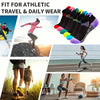 A collection of colorful knit sports socks shown in various colors and textures for athletic travel and daily wear.