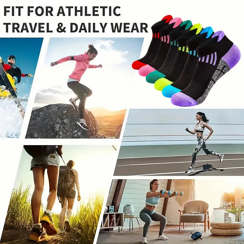 A collection of colorful knit sports socks shown in various colors and textures for athletic travel and daily wear.
