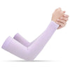 A hand wearing a light purple arm sleeve, demonstrating sun protection.