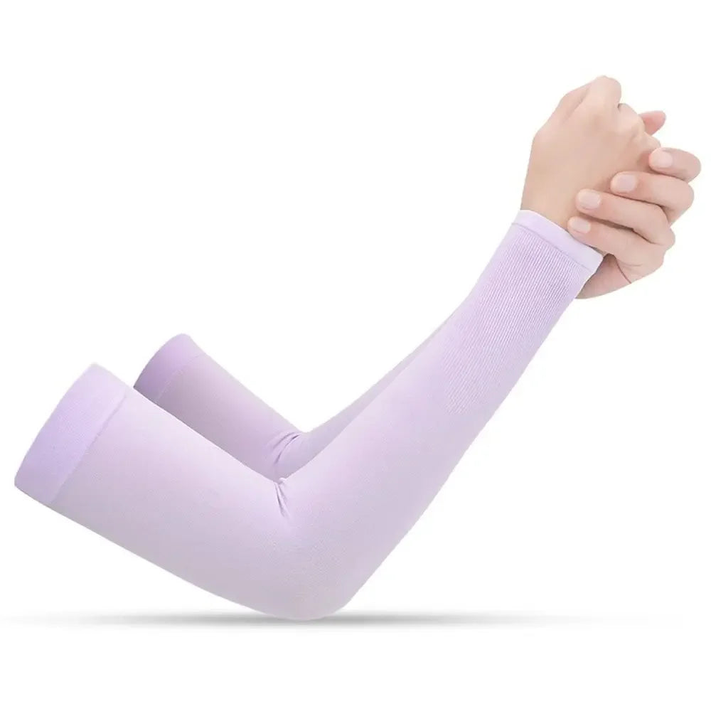 A hand wearing a light purple arm sleeve, demonstrating sun protection.
