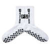 White men's athletic soccer socks with black non-slip grip pattern