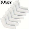 Six pairs of white cooling arm sleeves for UV protection displayed in a row.