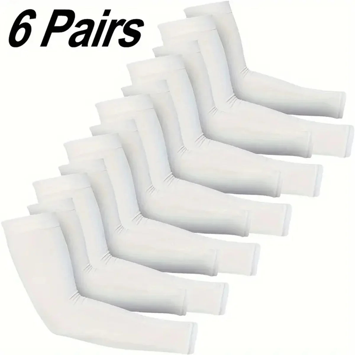 Six pairs of white cooling arm sleeves for UV protection displayed in a row.