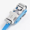 A white adjustable child safety harness and leash with blue fabric straps and gray plastic components.